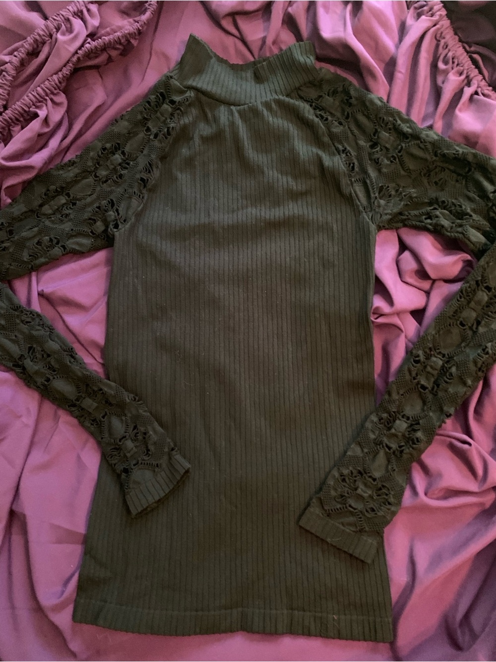 Sale 3/$20  VENUS Black Ribbed Top with Lace Long Sleeves
